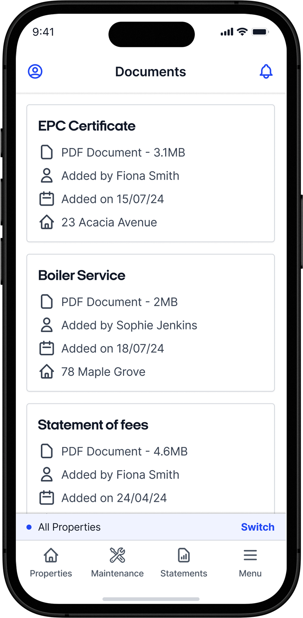 Street landlord app Documents screen showing property documents including an EPC certificate