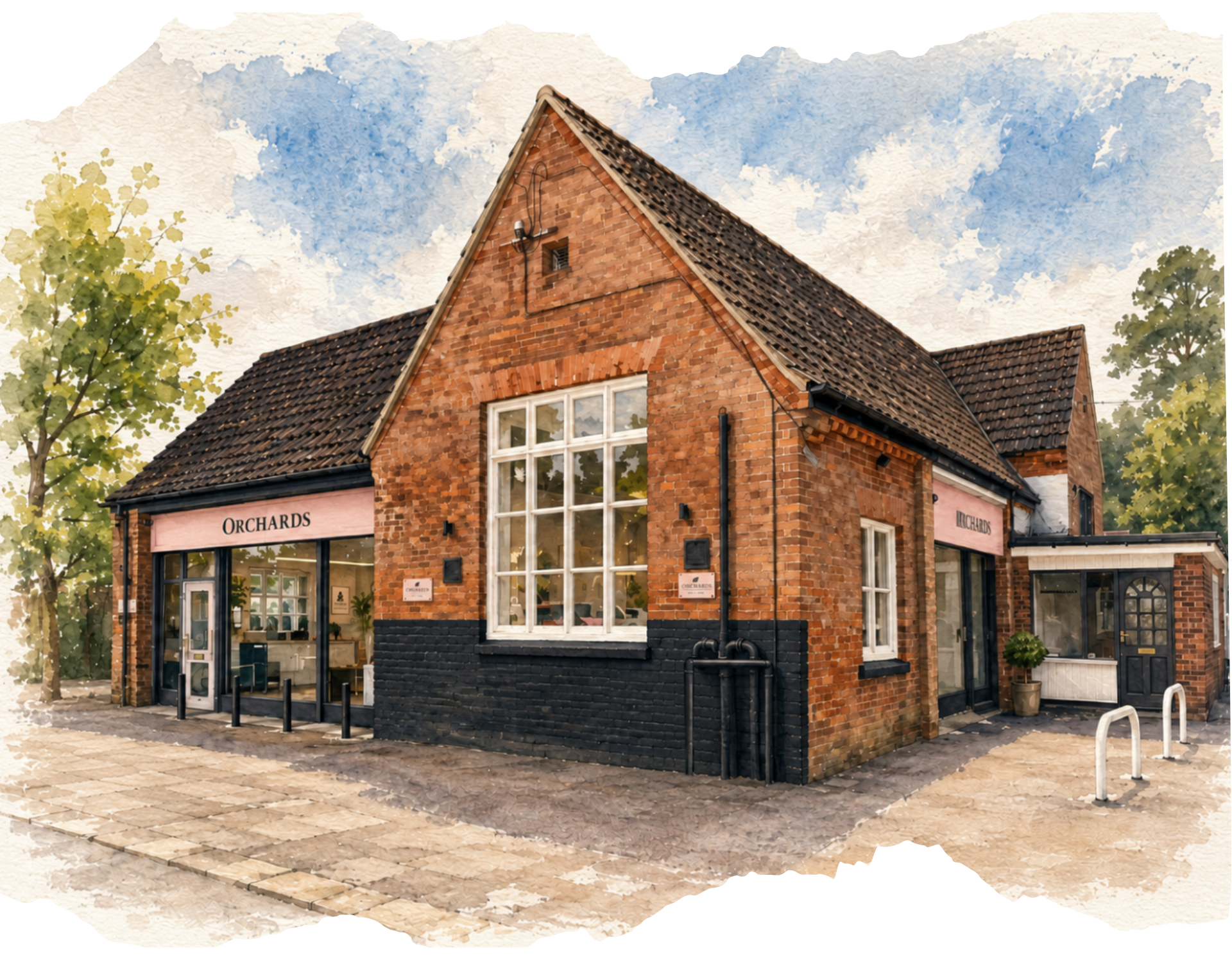 Watercolour illustration of the Orchards office at School House